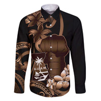 Brown Hafa Adai Guam Family Matching Off The Shoulder Long Sleeve Dress and Hawaiian Shirt Chamorro Latte Stone Hand With Plumeria LT14 Dad's Shirt - Long Sleeve Brown - Polynesian Pride