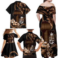Brown Hafa Adai Guam Family Matching Off Shoulder Maxi Dress and Hawaiian Shirt Chamorro Latte Stone Hand With Plumeria LT14 - Polynesian Pride