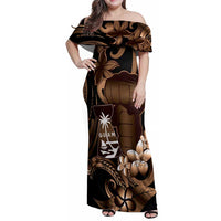 Brown Hafa Adai Guam Family Matching Off Shoulder Maxi Dress and Hawaiian Shirt Chamorro Latte Stone Hand With Plumeria LT14 Mom's Dress Brown - Polynesian Pride
