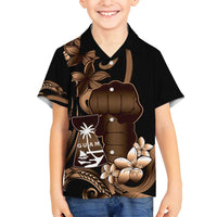 Brown Hafa Adai Guam Family Matching Off Shoulder Maxi Dress and Hawaiian Shirt Chamorro Latte Stone Hand With Plumeria LT14 Son's Shirt Brown - Polynesian Pride