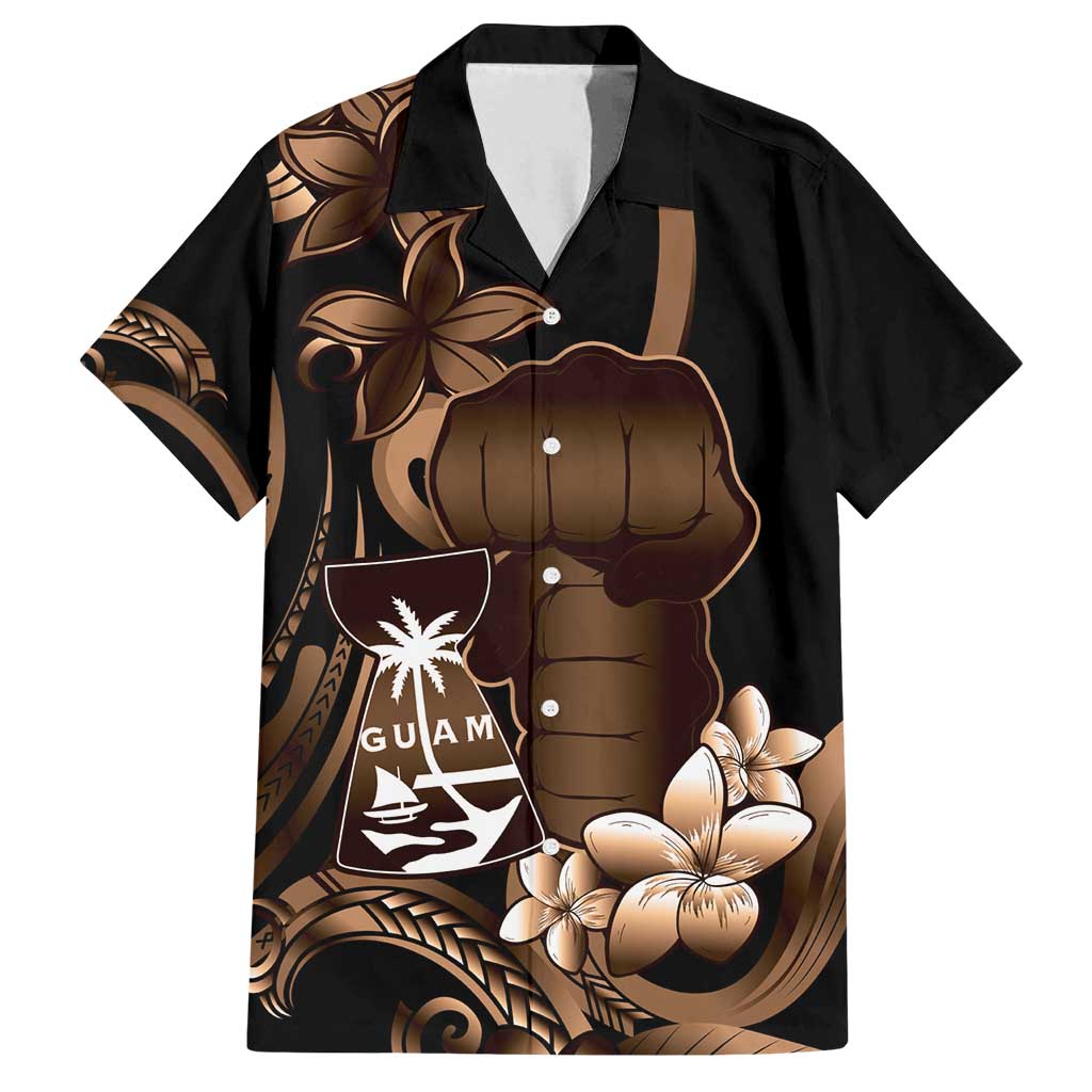 Brown Hafa Adai Guam Family Matching Puletasi and Hawaiian Shirt Chamorro Latte Stone Hand With Plumeria LT14 Dad's Shirt - Short Sleeve Brown - Polynesian Pride