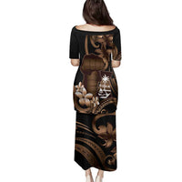 Brown Hafa Adai Guam Family Matching Puletasi and Hawaiian Shirt Chamorro Latte Stone Hand With Plumeria LT14 - Polynesian Pride