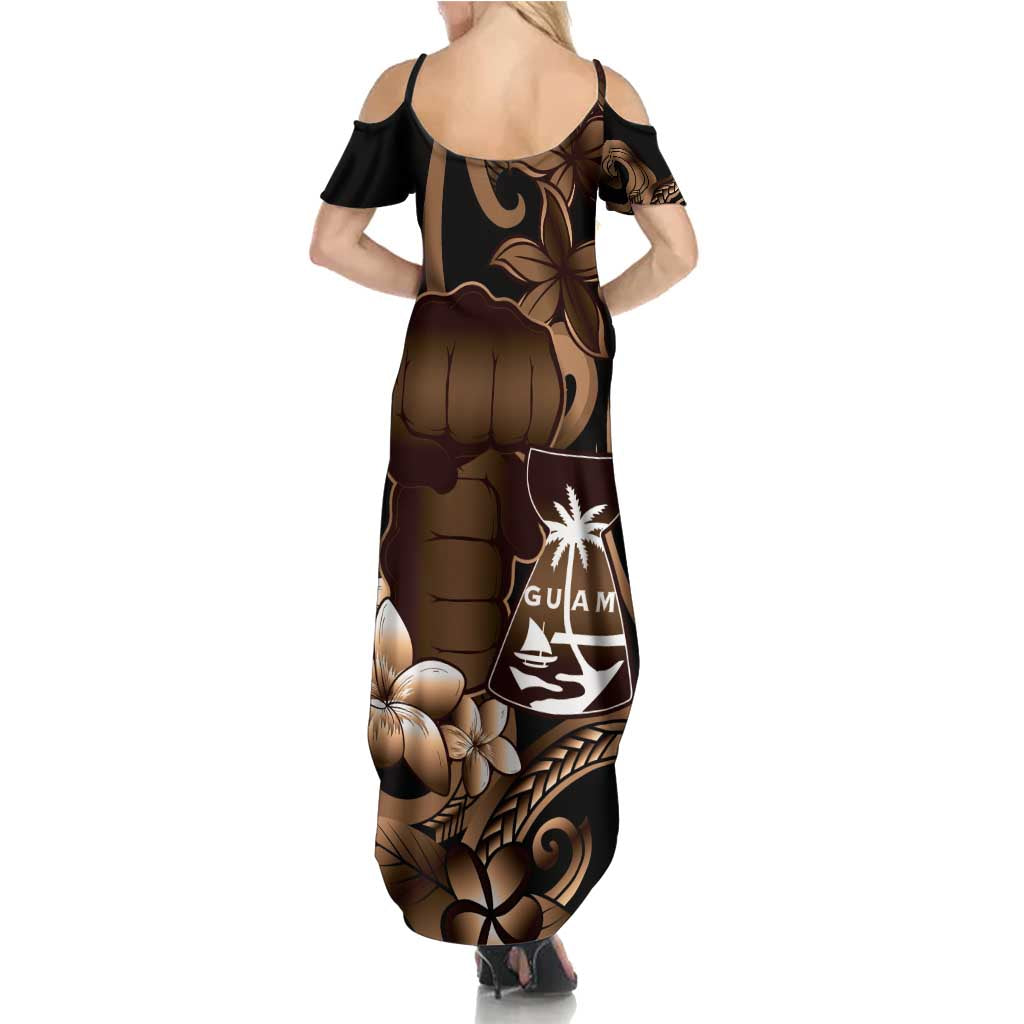 Brown Hafa Adai Guam Family Matching Summer Maxi Dress and Hawaiian Shirt Chamorro Latte Stone Hand With Plumeria LT14 - Polynesian Pride
