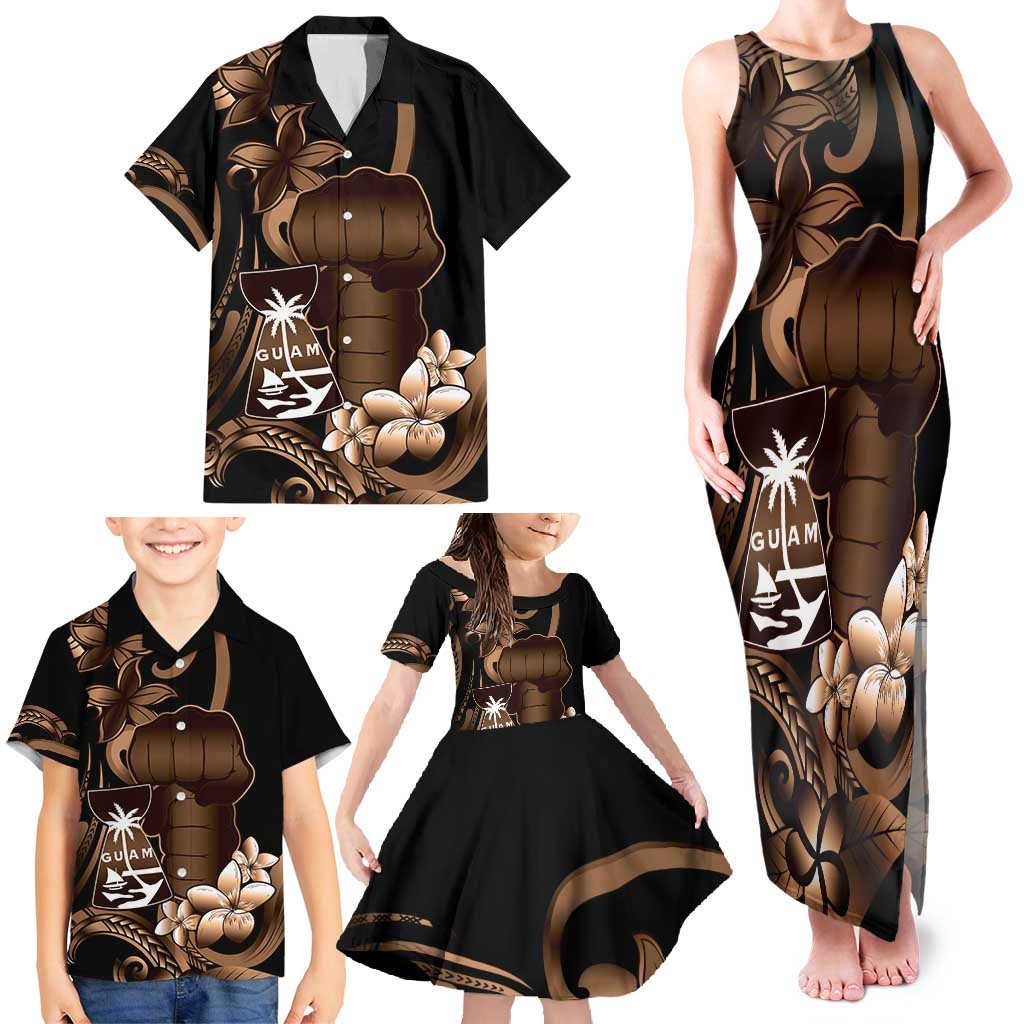 Brown Hafa Adai Guam Family Matching Tank Maxi Dress and Hawaiian Shirt Chamorro Latte Stone Hand With Plumeria LT14 - Polynesian Pride