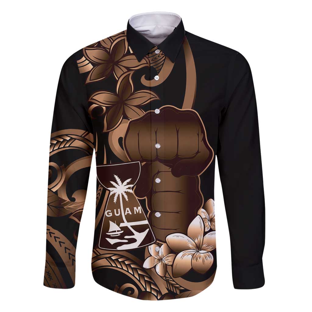 Brown Hafa Adai Guam Family Matching Tank Maxi Dress and Hawaiian Shirt Chamorro Latte Stone Hand With Plumeria LT14 Dad's Shirt - Long Sleeve Brown - Polynesian Pride