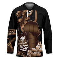 Brown Hafa Adai Guam Hockey Jersey Chamorro Latte Stone Hand With Plumeria - Polynesian Pride