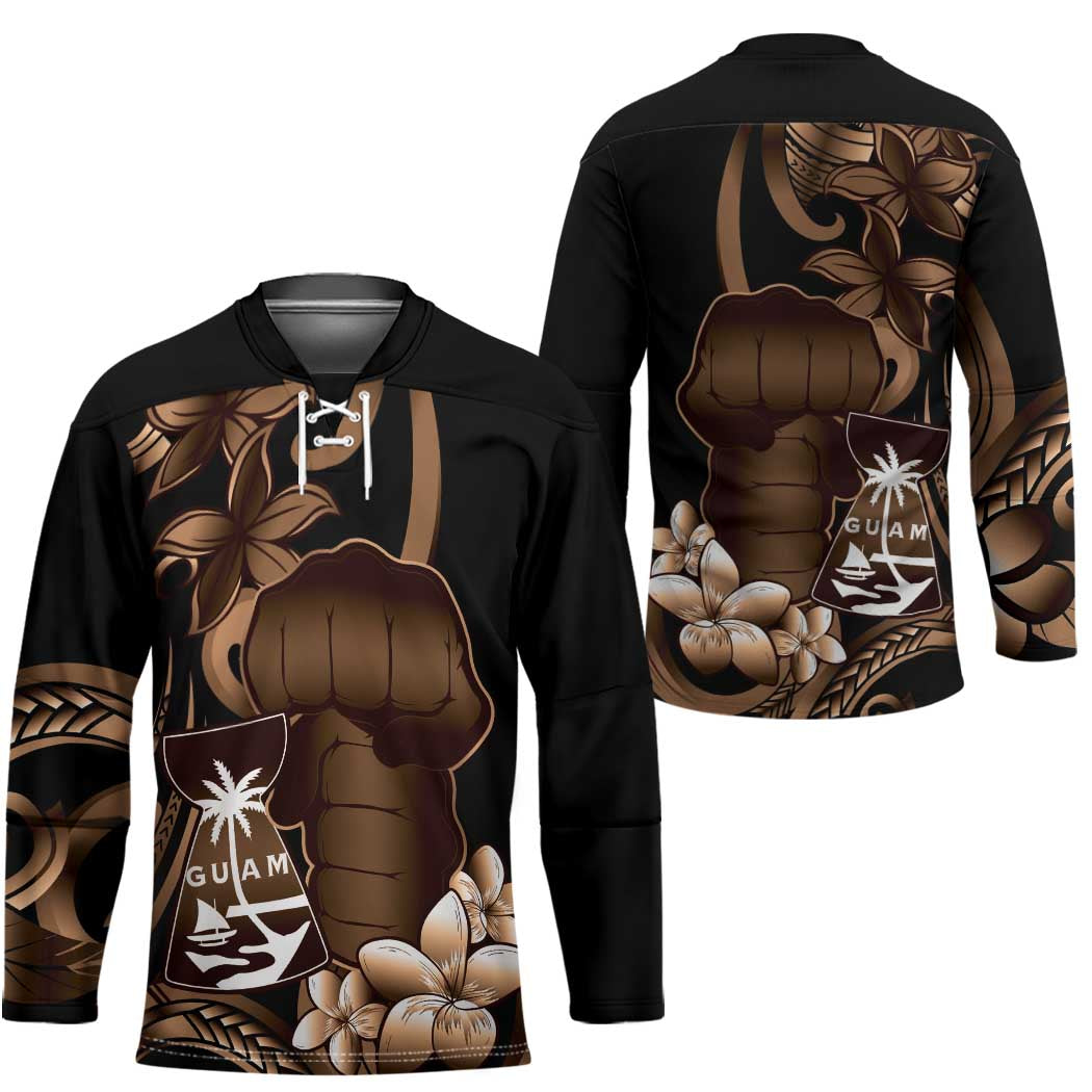 Brown Hafa Adai Guam Hockey Jersey Chamorro Latte Stone Hand With Plumeria - Polynesian Pride