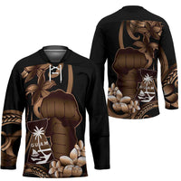 Brown Hafa Adai Guam Hockey Jersey Chamorro Latte Stone Hand With Plumeria - Polynesian Pride