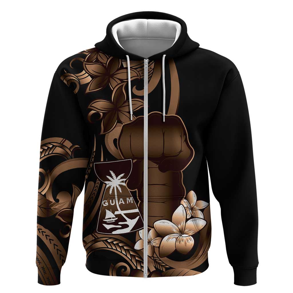 Brown Hafa Adai Guam Hoodie Chamorro Latte Stone Hand With Plumeria