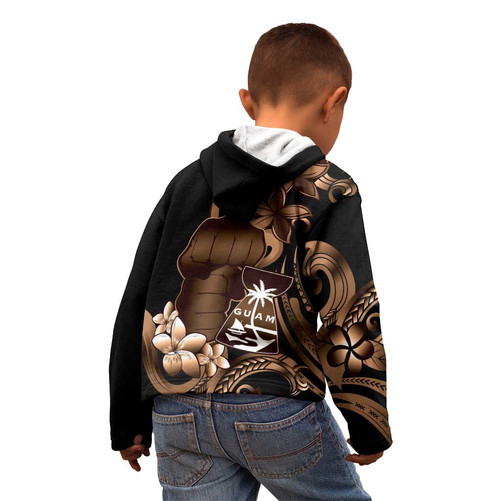 Brown Hafa Adai Guam Kid Hoodie Chamorro Latte Stone Hand With Plumeria