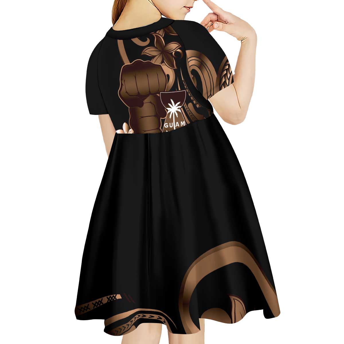 Brown Hafa Adai Guam Kid Short Sleeve Dress Chamorro Latte Stone Hand With Plumeria