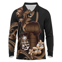 Brown Hafa Adai Guam Long Sleeve Polo Shirt Chamorro Latte Stone Hand With Plumeria