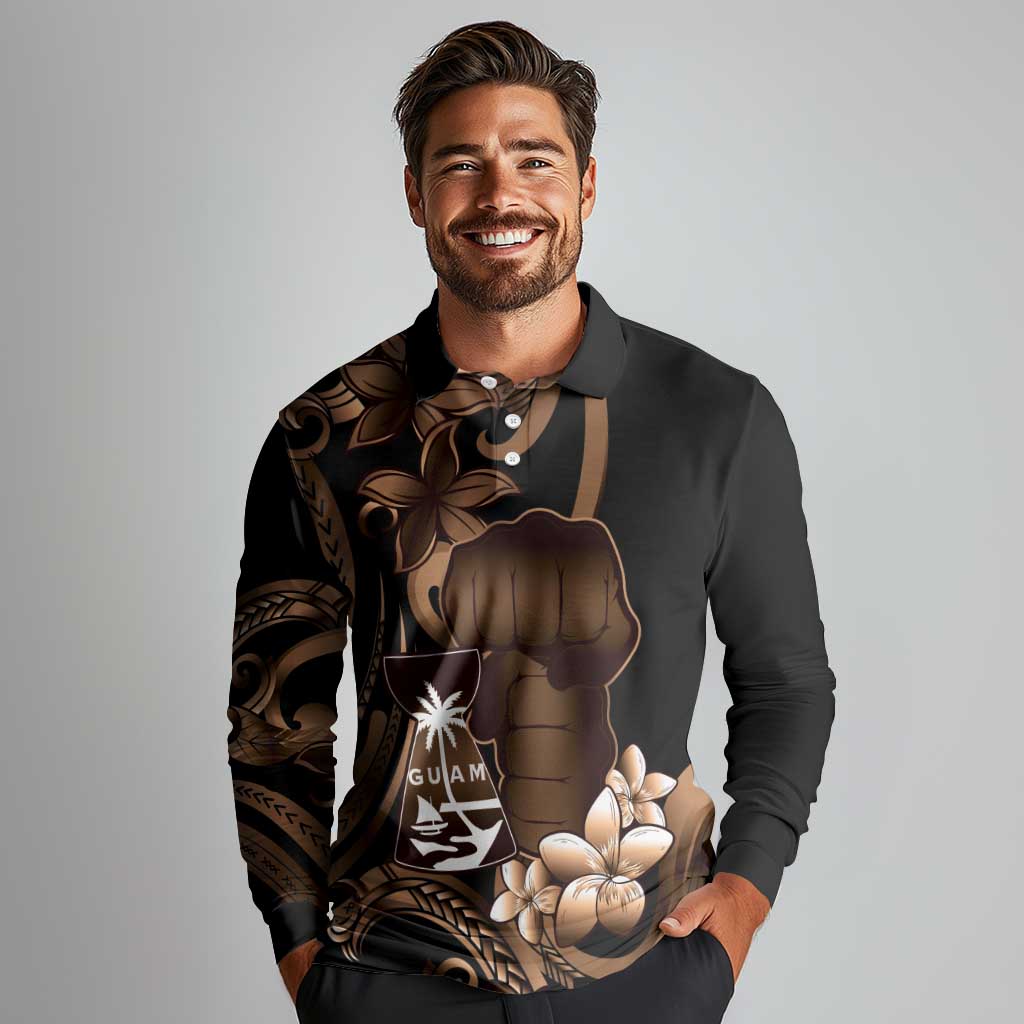 Brown Hafa Adai Guam Long Sleeve Polo Shirt Chamorro Latte Stone Hand With Plumeria