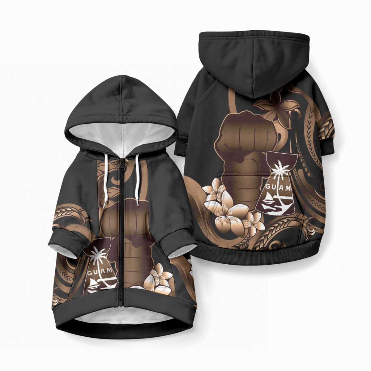 Brown Hafa Adai Guam Pet Hoodie Chamorro Latte Stone Hand With Plumeria