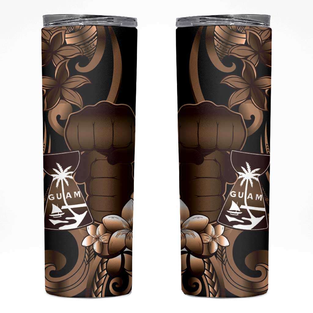 Brown Hafa Adai Guam Skinny Tumbler Chamorro Latte Stone Hand With Plumeria LT14 Brown - Polynesian Pride