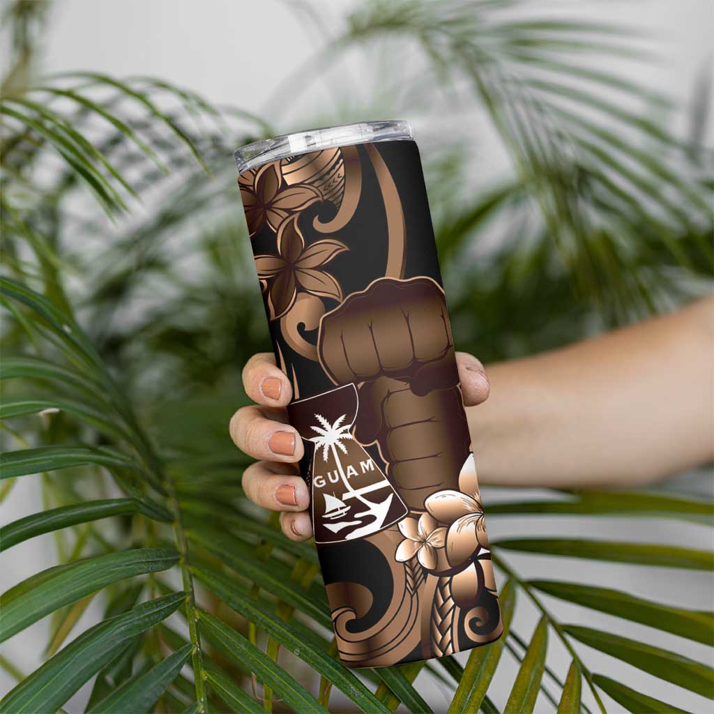Brown Hafa Adai Guam Skinny Tumbler Chamorro Latte Stone Hand With Plumeria LT14 - Polynesian Pride