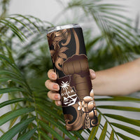 Brown Hafa Adai Guam Skinny Tumbler Chamorro Latte Stone Hand With Plumeria LT14 - Polynesian Pride