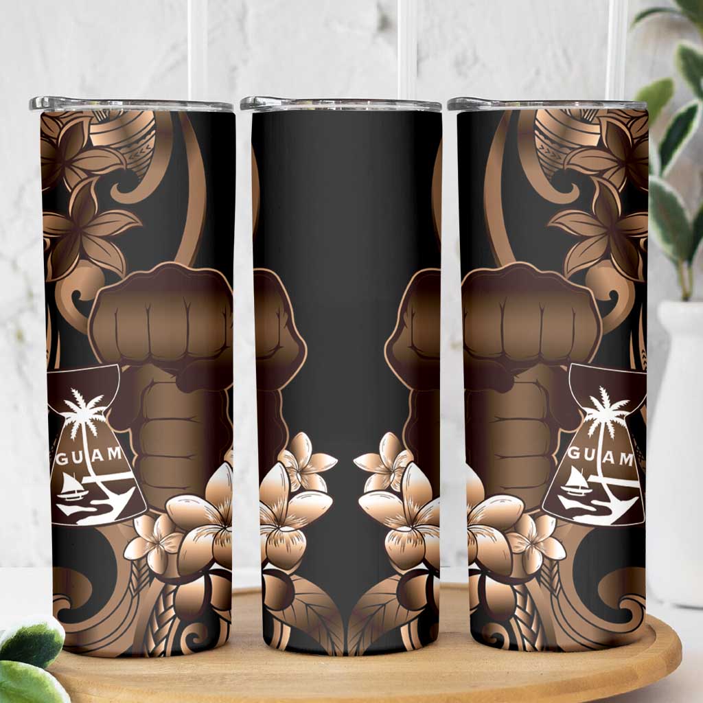 Brown Hafa Adai Guam Skinny Tumbler Chamorro Latte Stone Hand With Plumeria LT14 - Polynesian Pride