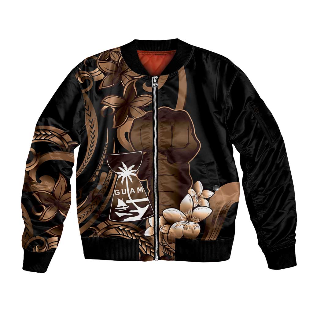 Brown Hafa Adai Guam Sleeve Zip Bomber Jacket Chamorro Latte Stone Hand With Plumeria
