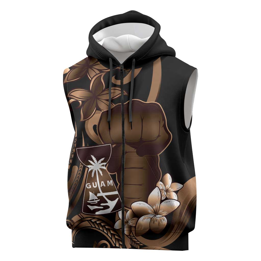 Brown Hafa Adai Guam Sleeveless Zip Hoodie Chamorro Latte Stone Hand With Plumeria - Polynesian Pride