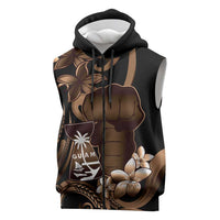 Brown Hafa Adai Guam Sleeveless Zip Hoodie Chamorro Latte Stone Hand With Plumeria - Polynesian Pride