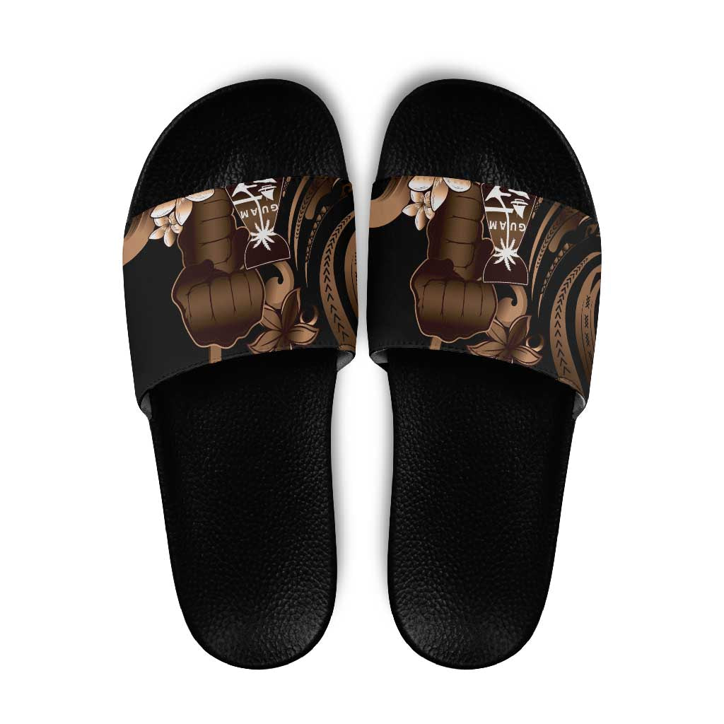 Brown Hafa Adai Guam Slide Sandals Chamorro Latte Stone Hand With Plumeria - Polynesian Pride