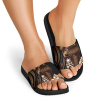 Brown Hafa Adai Guam Slide Sandals Chamorro Latte Stone Hand With Plumeria - Polynesian Pride