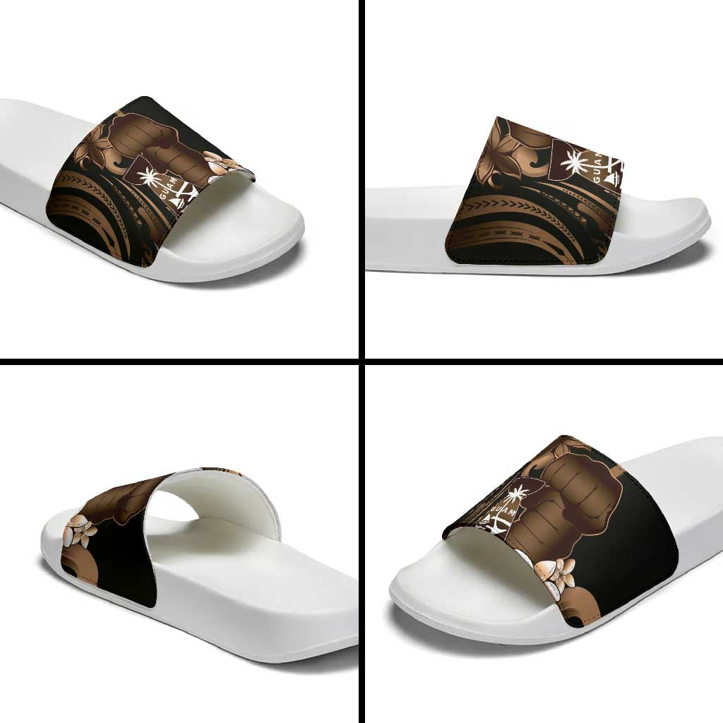 Brown Hafa Adai Guam Slide Sandals Chamorro Latte Stone Hand With Plumeria - Polynesian Pride