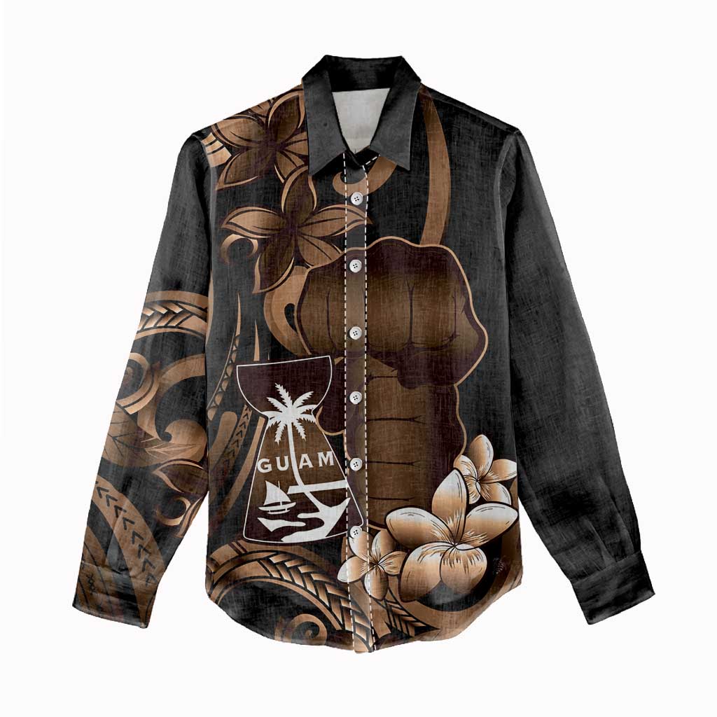 Brown Hafa Adai Guam Women Casual Shirt Chamorro Latte Stone Hand With Plumeria