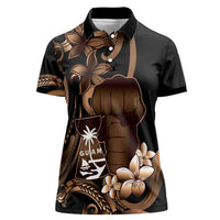 Brown Hafa Adai Guam Women Polo Shirt Chamorro Latte Stone Hand With Plumeria