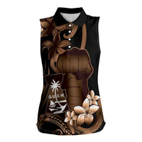 Brown Hafa Adai Guam Women Sleeveless Polo Shirt Chamorro Latte Stone Hand With Plumeria LT14 Female Brown - Polynesian Pride