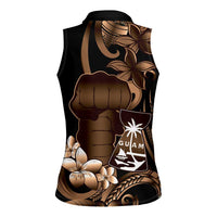 Brown Hafa Adai Guam Women Sleeveless Polo Shirt Chamorro Latte Stone Hand With Plumeria LT14 - Polynesian Pride