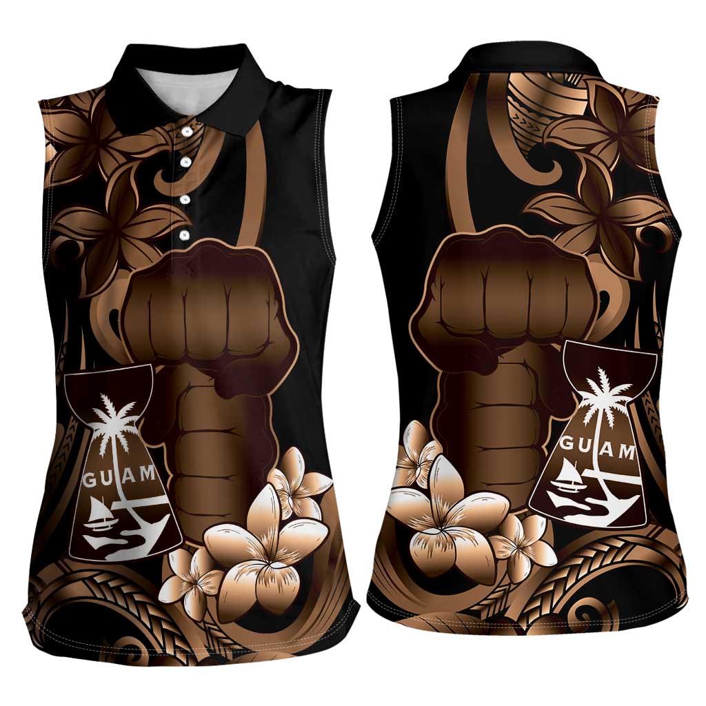 Brown Hafa Adai Guam Women Sleeveless Polo Shirt Chamorro Latte Stone Hand With Plumeria LT14 - Polynesian Pride