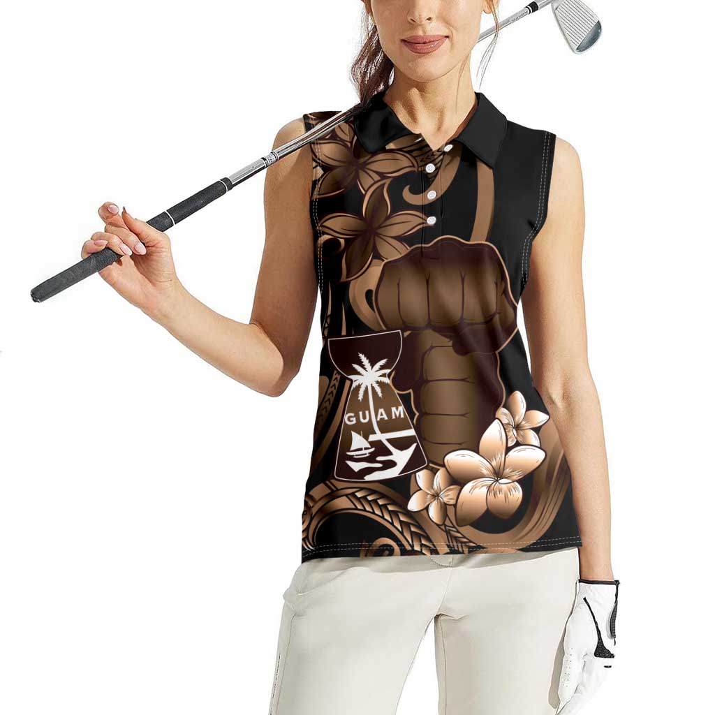 Brown Hafa Adai Guam Women Sleeveless Polo Shirt Chamorro Latte Stone Hand With Plumeria LT14 - Polynesian Pride