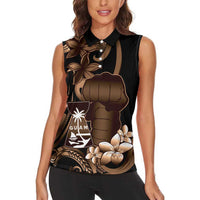 Brown Hafa Adai Guam Women Sleeveless Polo Shirt Chamorro Latte Stone Hand With Plumeria LT14 - Polynesian Pride