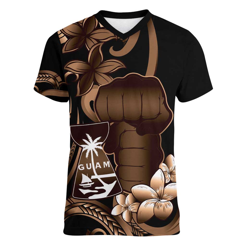 Brown Hafa Adai Guam Women V-Neck T-Shirt Chamorro Latte Stone Hand With Plumeria LT14 Female Brown - Polynesian Pride