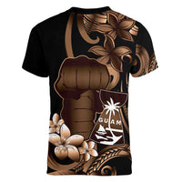 Brown Hafa Adai Guam Women V-Neck T-Shirt Chamorro Latte Stone Hand With Plumeria LT14 - Polynesian Pride