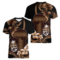 Brown Hafa Adai Guam Women V-Neck T-Shirt Chamorro Latte Stone Hand With Plumeria LT14 - Polynesian Pride