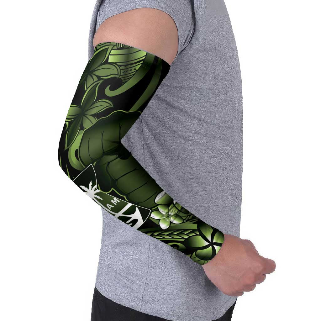 Green Hafa Adai Guam Arm Sleeves Chamorro Latte Stone Hand With Plumeria - Polynesian Pride