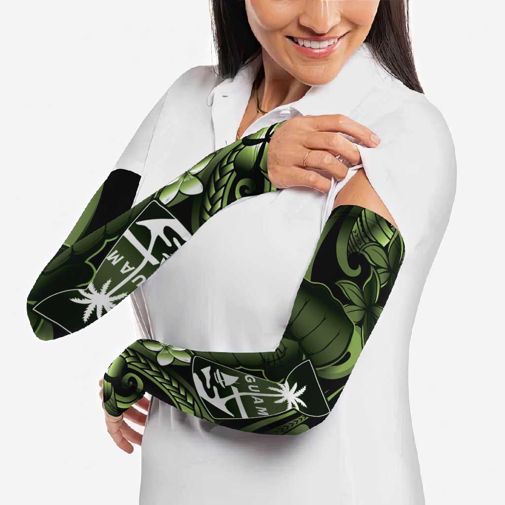 Green Hafa Adai Guam Arm Sleeves Chamorro Latte Stone Hand With Plumeria - Polynesian Pride