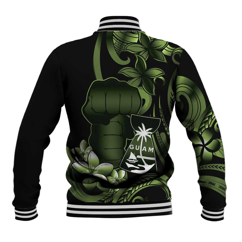 Green Hafa Adai Guam Baseball Jacket Chamorro Latte Stone Hand With Plumeria