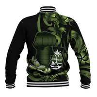 Green Hafa Adai Guam Baseball Jacket Chamorro Latte Stone Hand With Plumeria