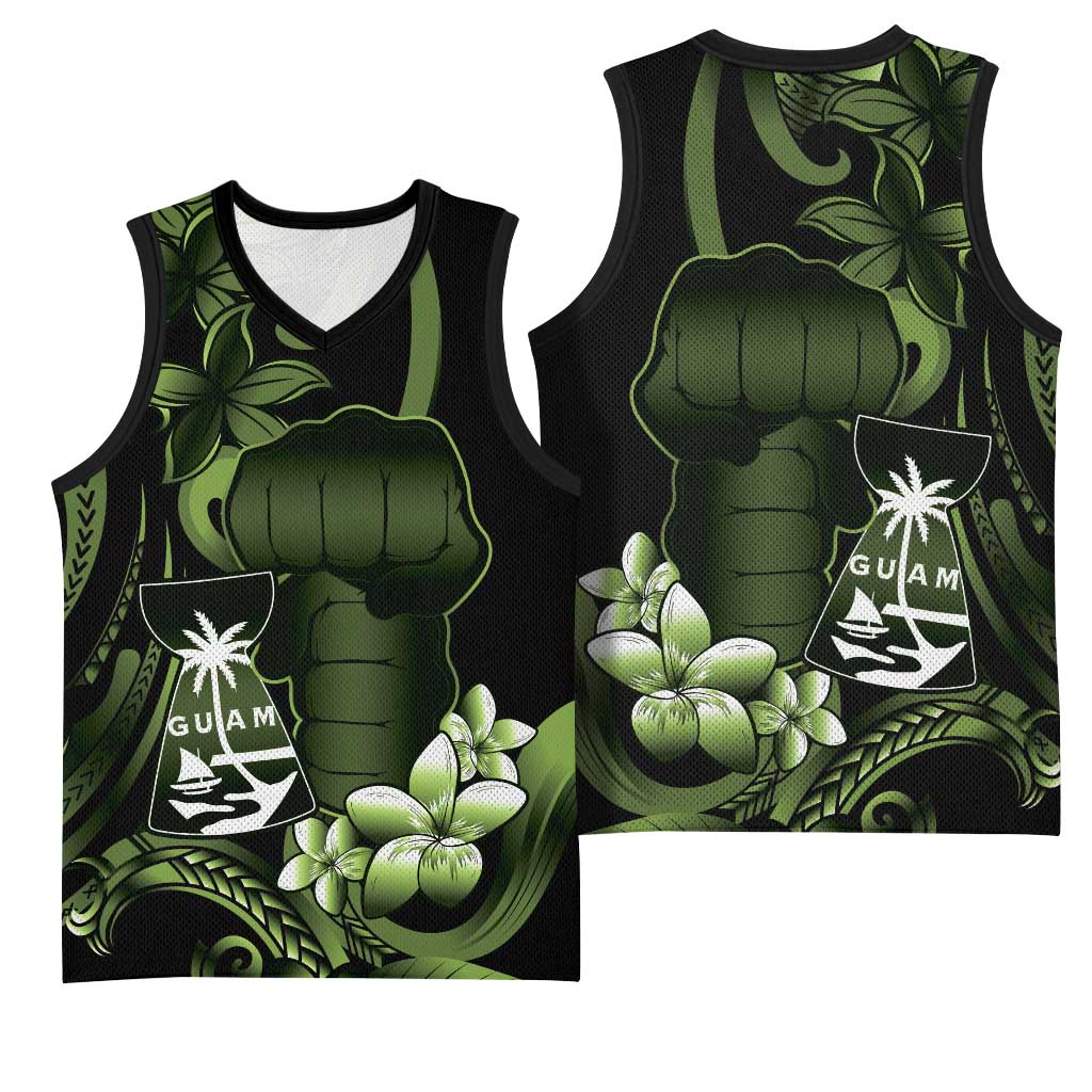 Green Hafa Adai Guam Basketball Jersey Chamorro Latte Stone Hand With Plumeria - Polynesian Pride