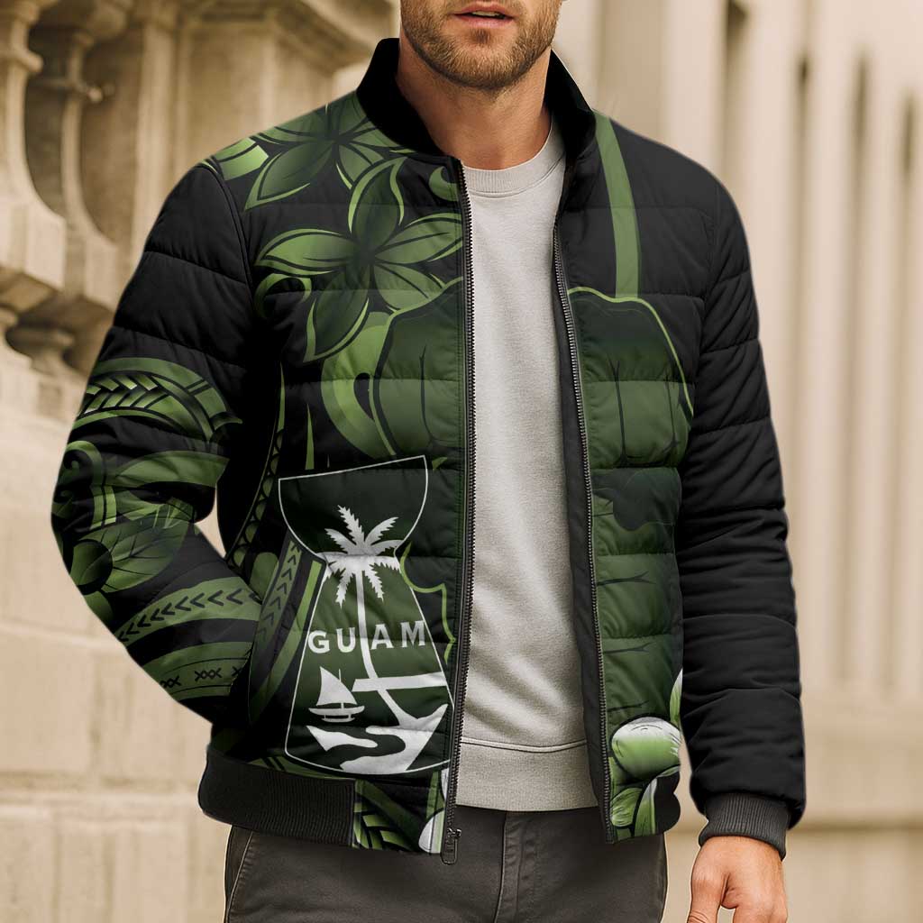 Green Hafa Adai Guam Bomber Puffer Jacket Chamorro Latte Stone Hand With Plumeria - Polynesian Pride