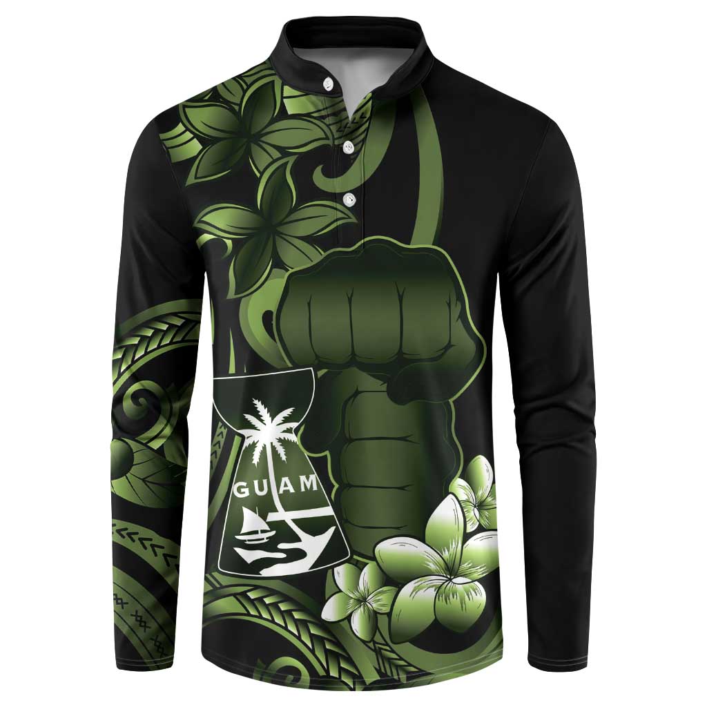 Green Hafa Adai Guam Button Sweatshirt Chamorro Latte Stone Hand With Plumeria