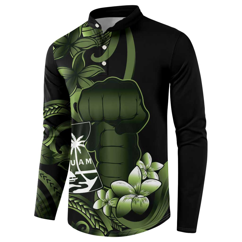 Green Hafa Adai Guam Button Sweatshirt Chamorro Latte Stone Hand With Plumeria