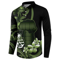 Green Hafa Adai Guam Button Sweatshirt Chamorro Latte Stone Hand With Plumeria