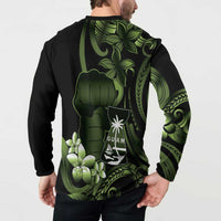 Green Hafa Adai Guam Button Sweatshirt Chamorro Latte Stone Hand With Plumeria