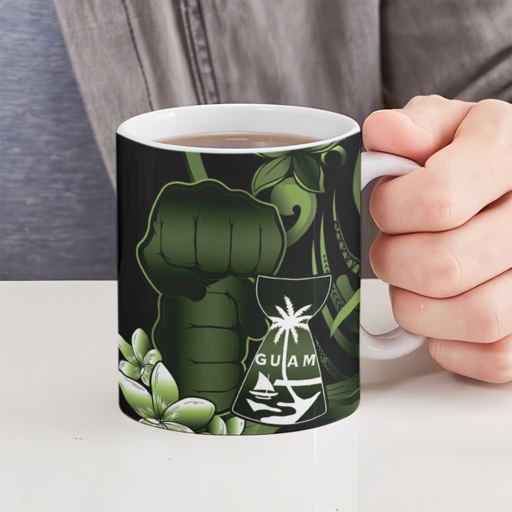 Green Hafa Adai Guam Ceramic Mug Chamorro Latte Stone Hand With Plumeria - Polynesian Pride