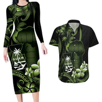 Green Hafa Adai Guam Couples Matching Long Sleeve Bodycon Dress and Hawaiian Shirt Chamorro Latte Stone Hand With Plumeria LT14 Green - Polynesian Pride